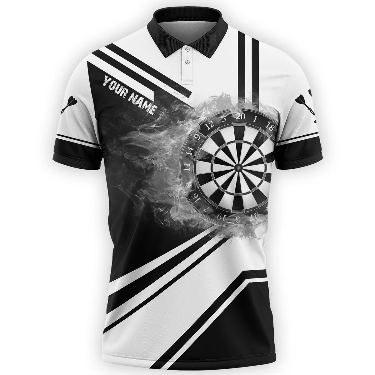 Black and White Dart Polo Shirt, Personalized Name Dartboard Fire Shirt, Uniform Dart Team