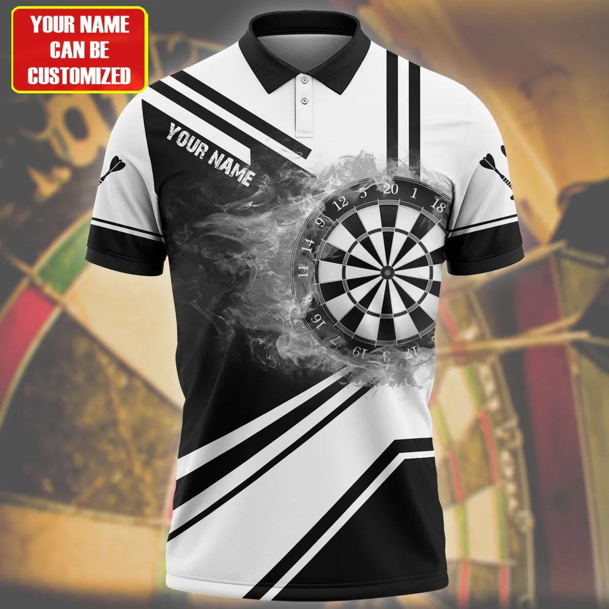 Black and White Dart Polo Shirt, Personalized Name Dartboard Fire Shirt, Uniform Dart Team