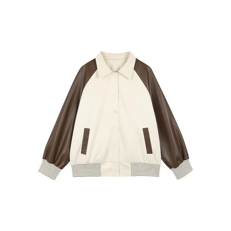 Casual Color Blocking Retro Loose Fit Harrington Jacket