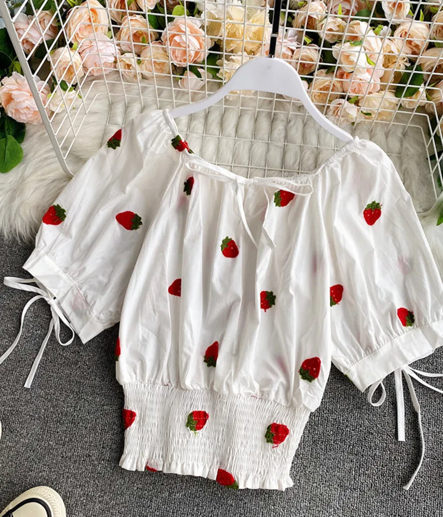Cute summer puff sleeve applique top    S36