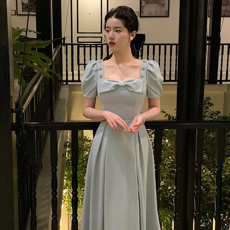 French Style Cinched Waist Square Collar Slimming Dress