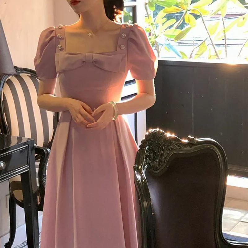 French Style Cinched Waist Square Collar Slimming Dress