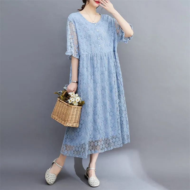 Lace Midi Simplicity Plus Artistic Slimming Round Neck Pullover Dress