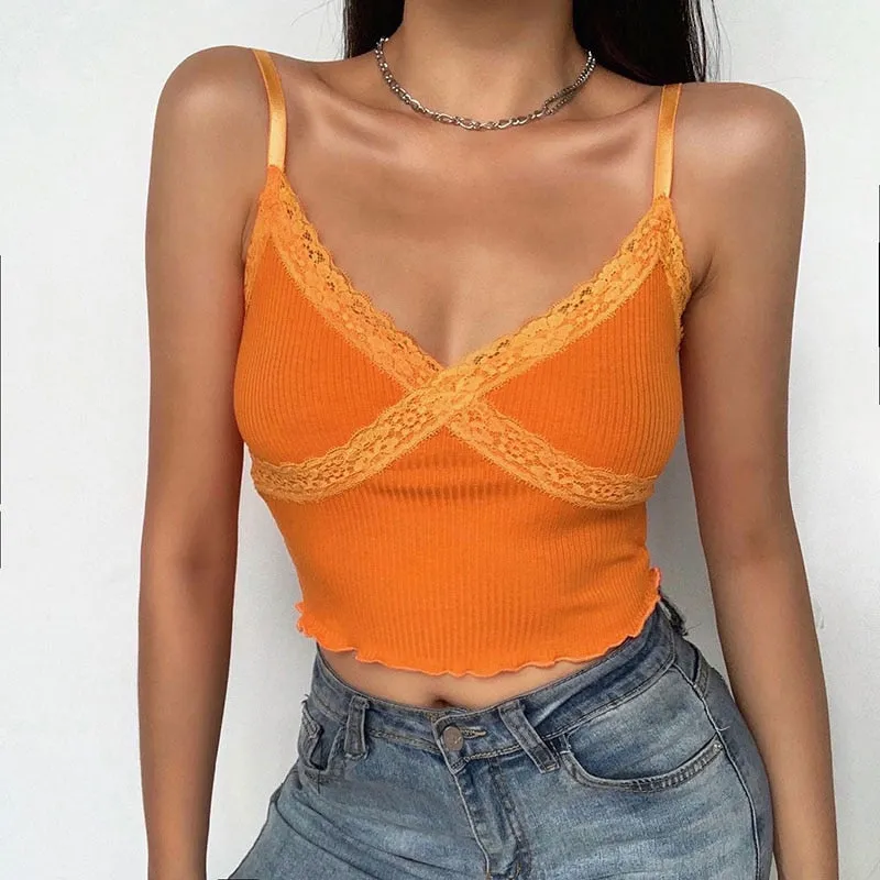 Patchwork Lace Edge Summer Tops For Women Sexy V Neck Slim Rave Streetwear Cute Home Fashion Leisure Bralette Crop Tops
