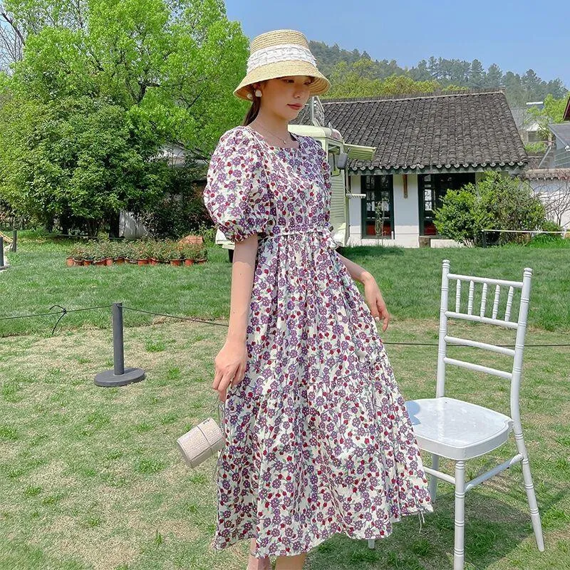 Retro Hemline Ruffle Hem Cute Loose Fit Square Collar Belted Bubble Sleeve Dress