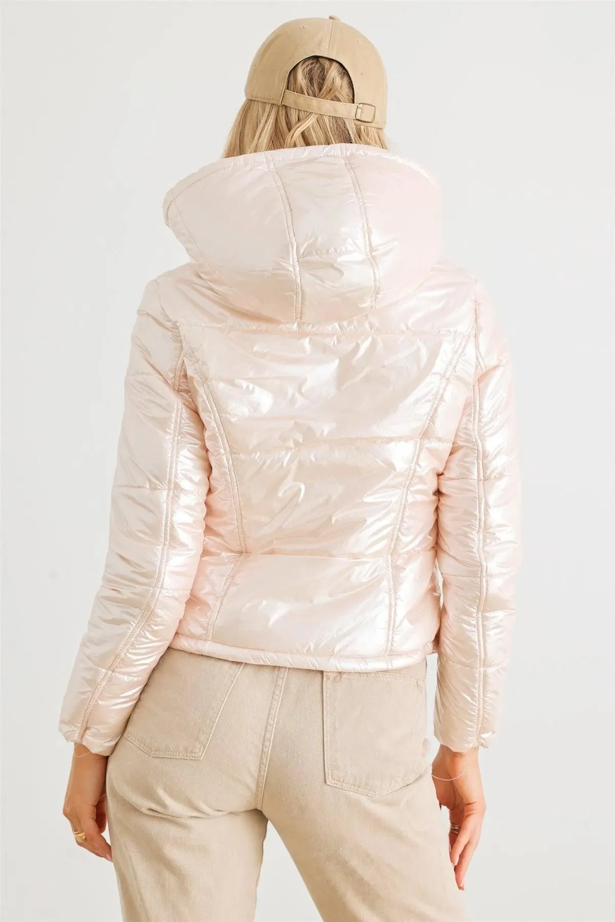 Rose Pink Long Sleeve Fuzzy Faux Fur Hood Padded Jacket