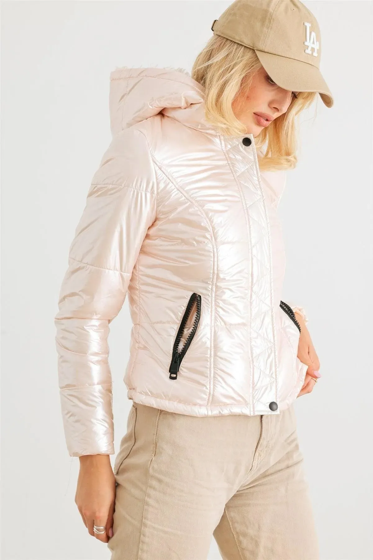 Rose Pink Long Sleeve Fuzzy Faux Fur Hood Padded Jacket