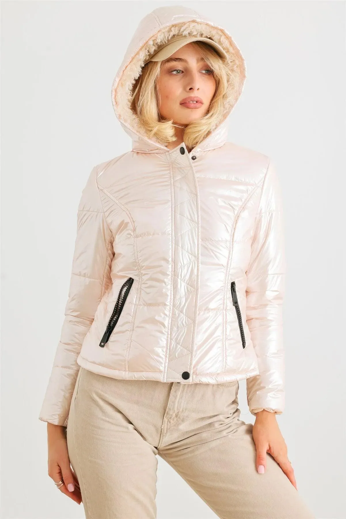Rose Pink Long Sleeve Fuzzy Faux Fur Hood Padded Jacket