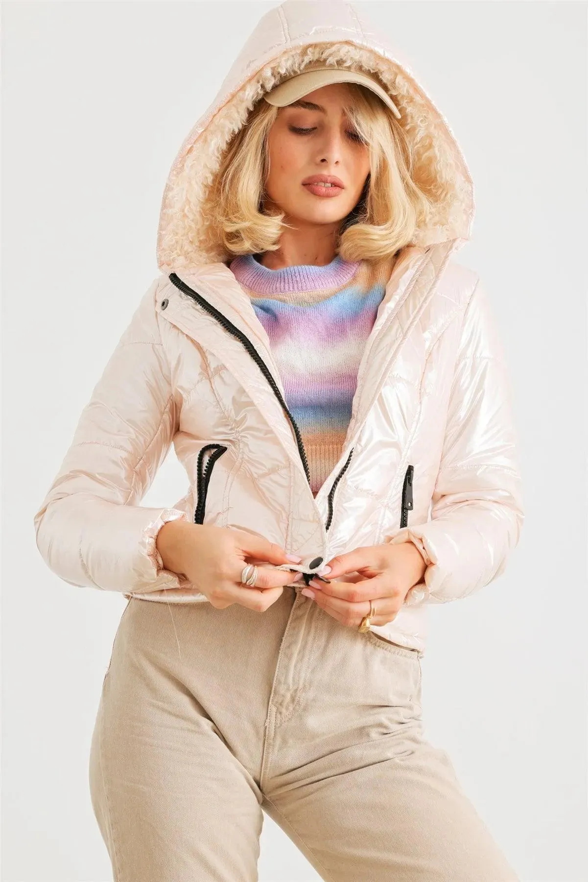 Rose Pink Long Sleeve Fuzzy Faux Fur Hood Padded Jacket