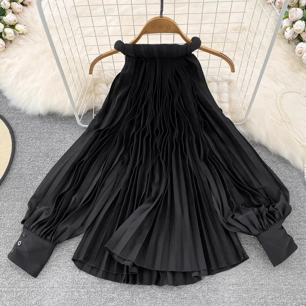 Round Neck Halter Neck Off-Shoulder Lantern Sleeve Pleated Shirt Women's Casual Top    S4125