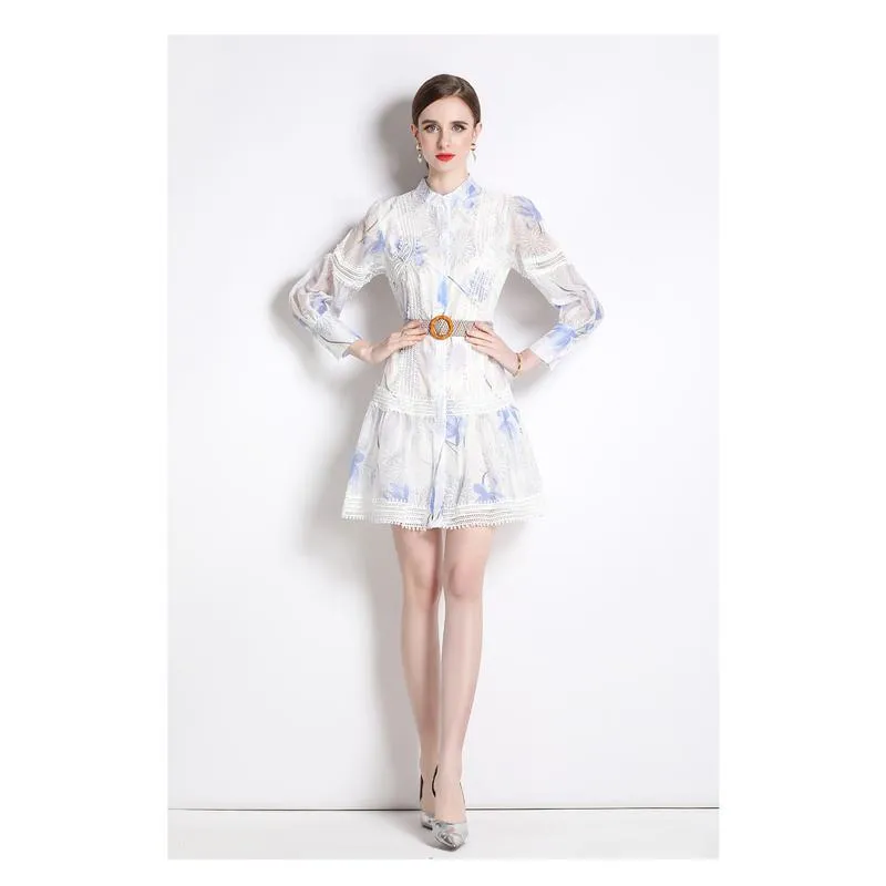 Stand-Up Collar Print Irregular Petite A-Line Skirt Dress